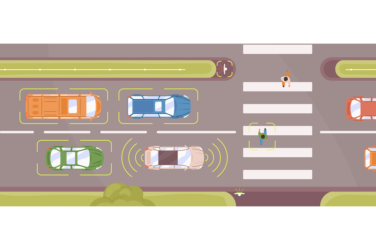 Autonomous smart cars scanning road, a Transportation Illustration by Good Studio (Photo 1 of 3)