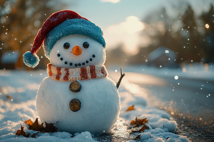 Snowman wearing a red hat and scarf, a Photo by Tanuart