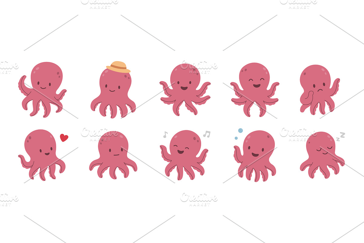 Set of cute octopus characters with, an Animal Illustration by GraphiShop