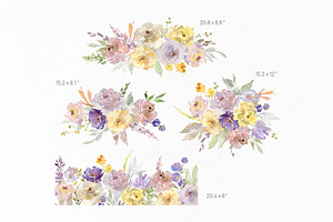 Watercolor Yellow & Violet Flowers