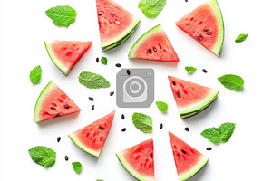 Watermelon slices and mint leaves su, a Food & Drink Photo by Pixeness Studio