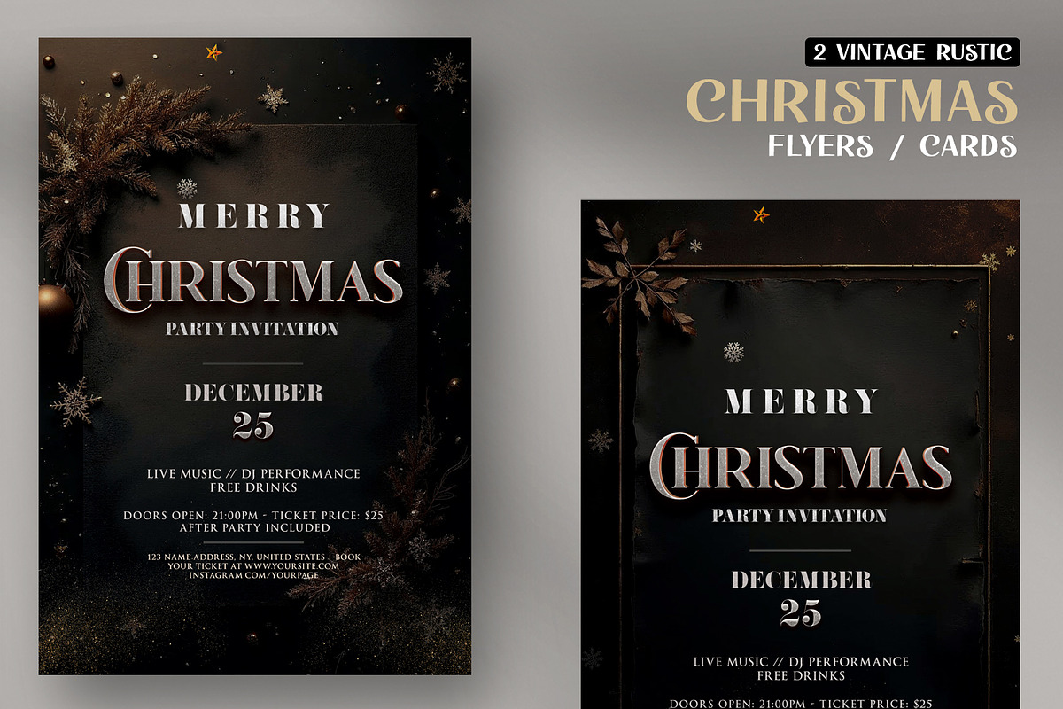 2 Christmas Elegant-Vintage Flyers, a Flyer Template by PixelsDesign (Photo 1 of 3)