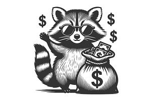 Cool raccoon with money bag vector, a Finance Illustration by AlexArt