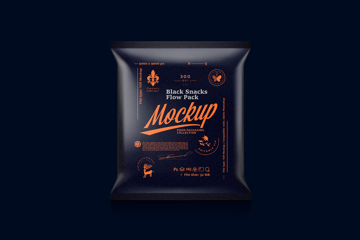 Black Snacks Flow Pack Mockup, a Packaging Mockup by Reformer Mockup (Photo 2 of 5)
