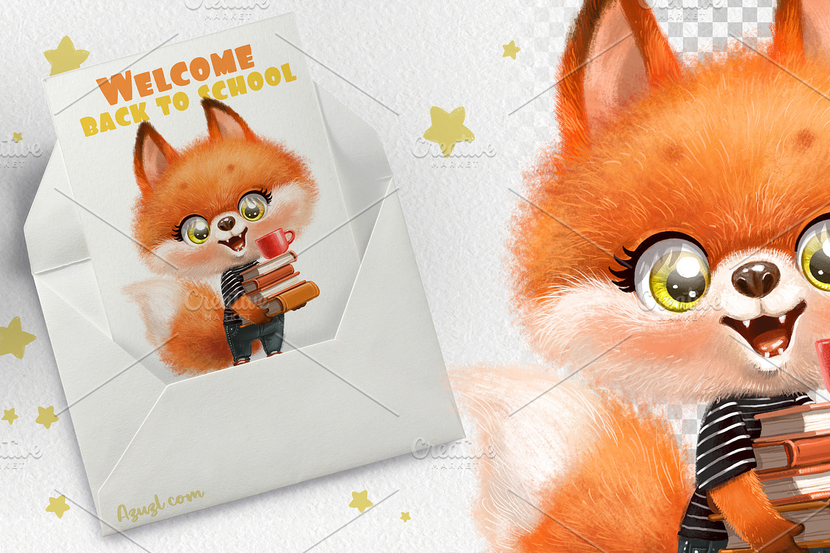 Cartoon fox with textbooks, an Animal Illustration by Azuzlikus (Photo 2 of 3)