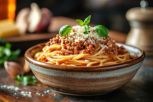 Spaghetti bolognese with ground beef in plate, a Food & Drink Photo by AlyaAnd