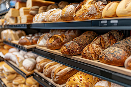 Different kinds of baked bread on shelves in bakery shop, a Food & Drink Photo by AlyaAnd