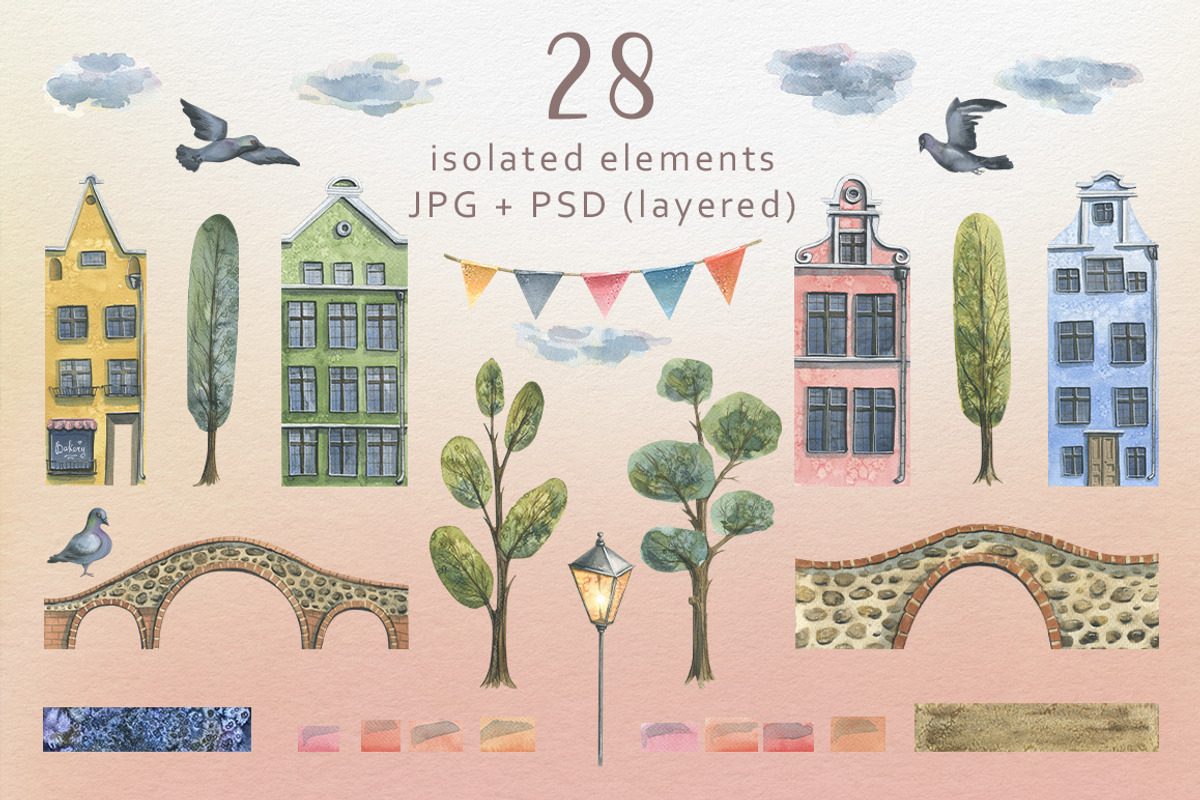 Old European houses watercolor clipa, an Object Illustration by NATASHA CHU (Photo 2 of 21)