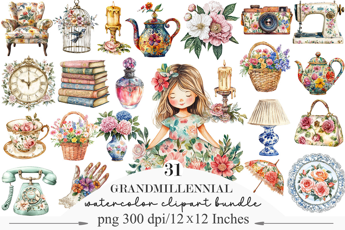 Watercolor Grandmillennial ClipArt, an Illustration by Designking (Photo 1 of 5)