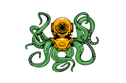 Octopus with tentacles and helmet, an Animal Illustration by Vector Tradition
