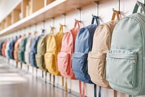 Colorful backpacks lined up in schoo, a Photo by Dvoevnore photos