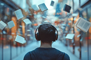 Man with Headphones Surrounded by Floating Books, an Abstract Photo by Natalia Klenova's Shop