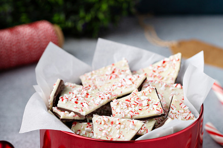 Homemade peppermint bark, white and dark chocolate with crushed candy canes
