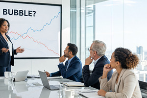 Business meeting discussing AI bubbl, a Photo by Dvoevnore photos