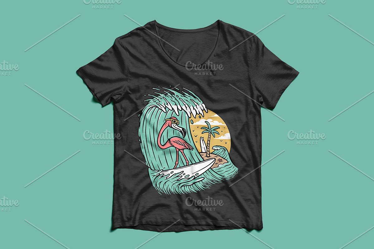 cute flamingo surfing the sea, an Animal Illustration by gunaonedesign (Photo 4 of 6)