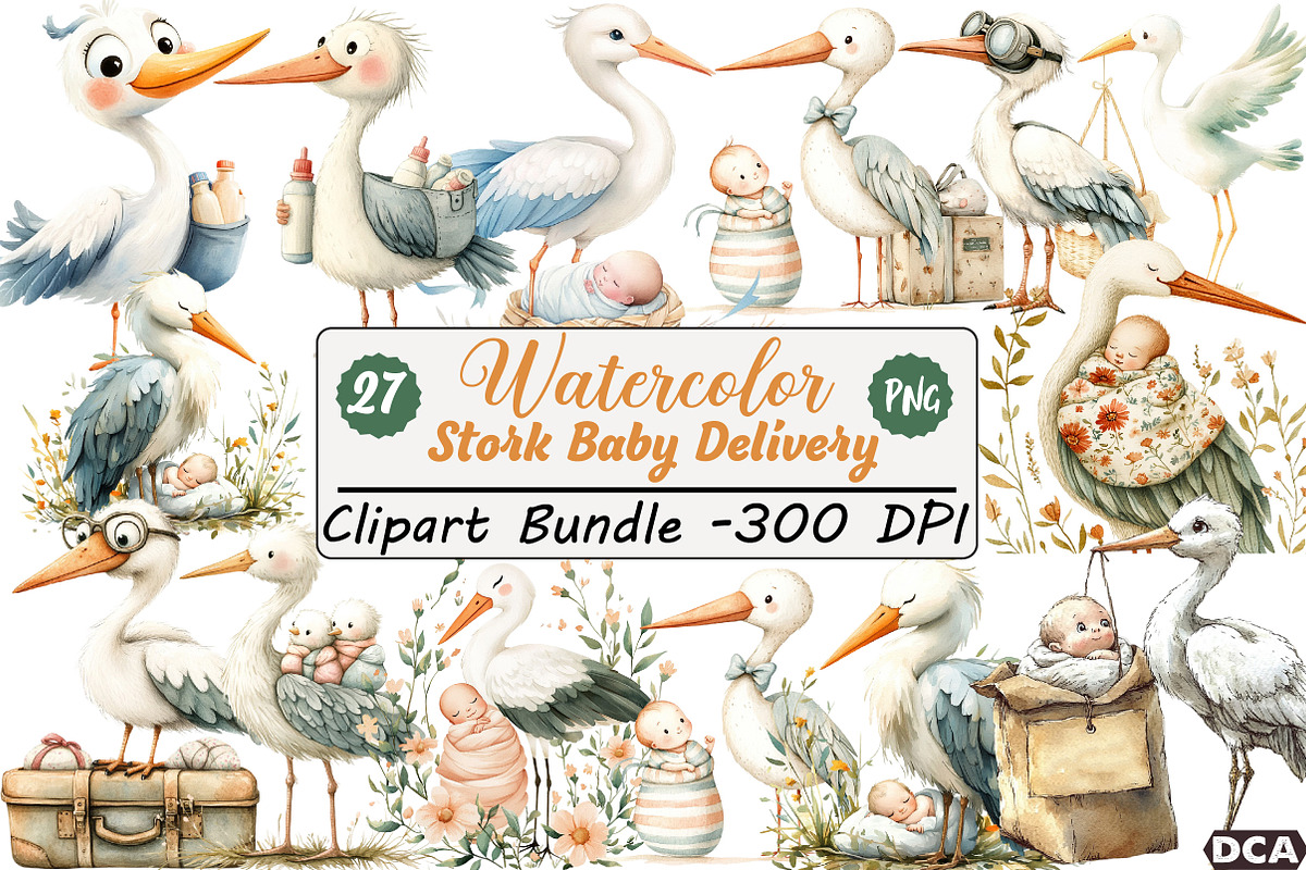 Stork Baby Delivery Clipart, an Illustration by DreamCafeArt (Photo 1 of 7)