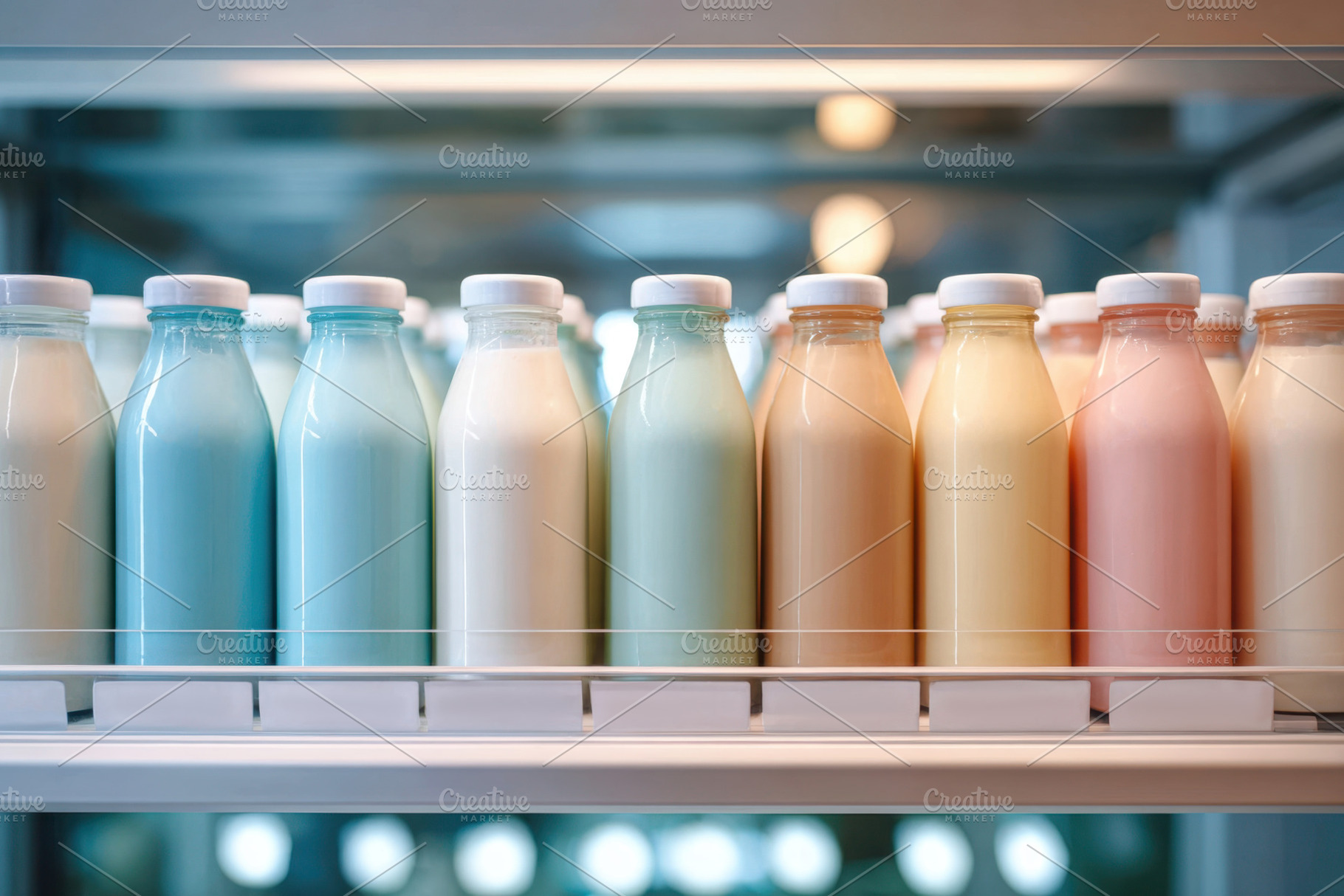 Colorful milk bottles in a refrigerator, a Food & Drink Photo by AlyaAnd