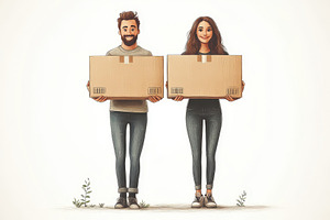 Happy couple holding cardboard boxes, a Photo by Tanuart