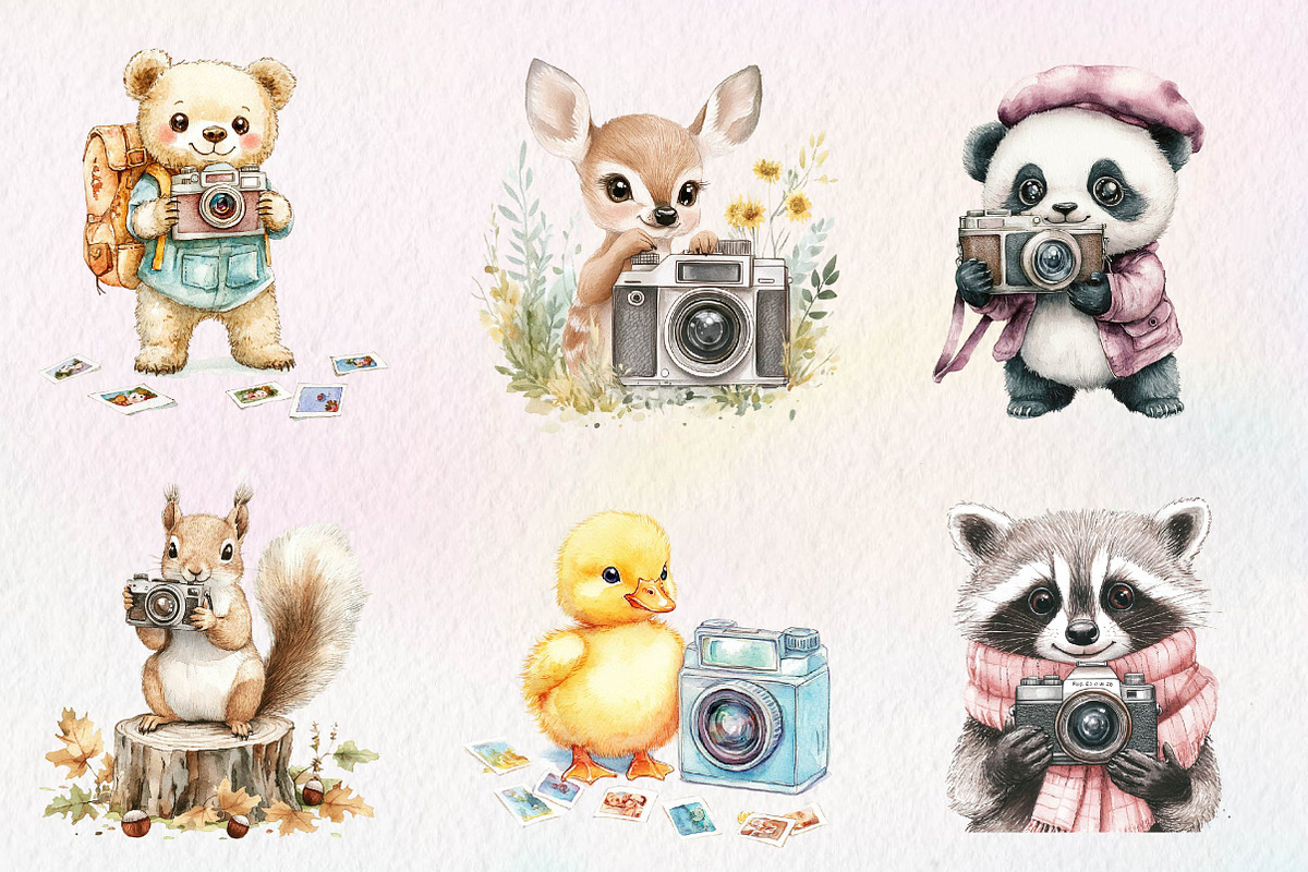 Watercolor Cute Animals Photographer, an Illustration by CreationArt (Photo 2 of 5)