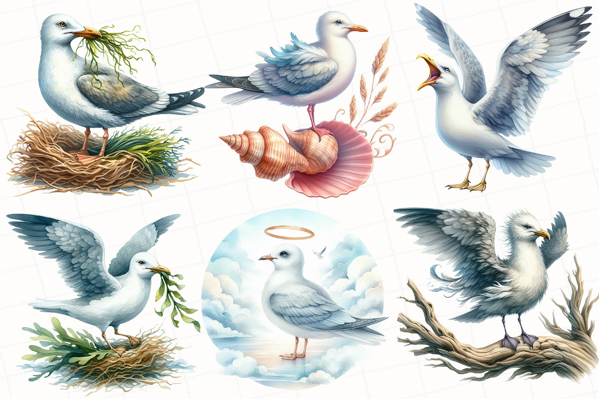 Watercolor Summer Seagulls Clipart, an Illustration by OK Design (Photo 2 of 5)