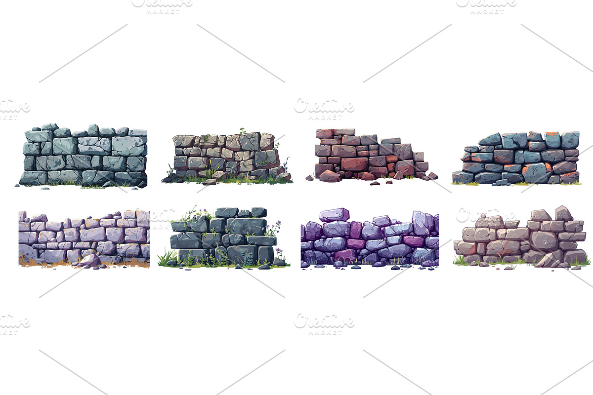 Cartoon stone wall set. Destroyed, a Texture Illustration by Stock-Smart-Start