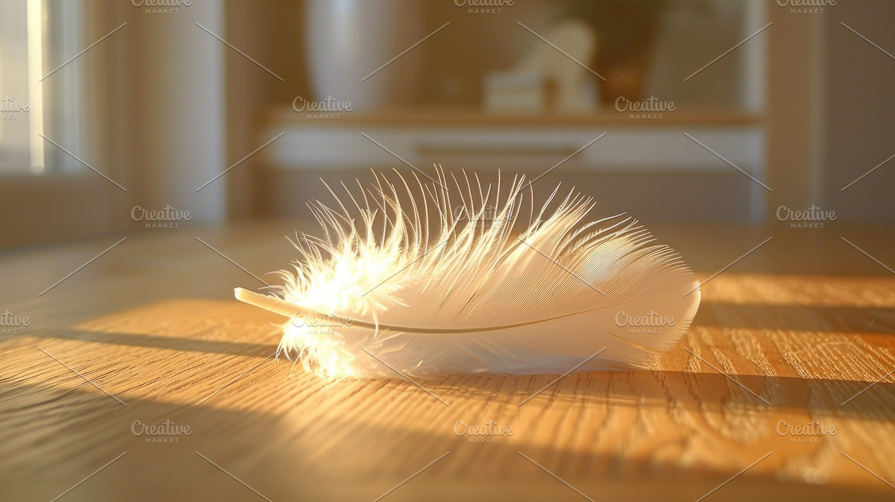 White Feather on Wooden Floor in Warm Sunlight, a Background Photo by José Manuel Gelpi