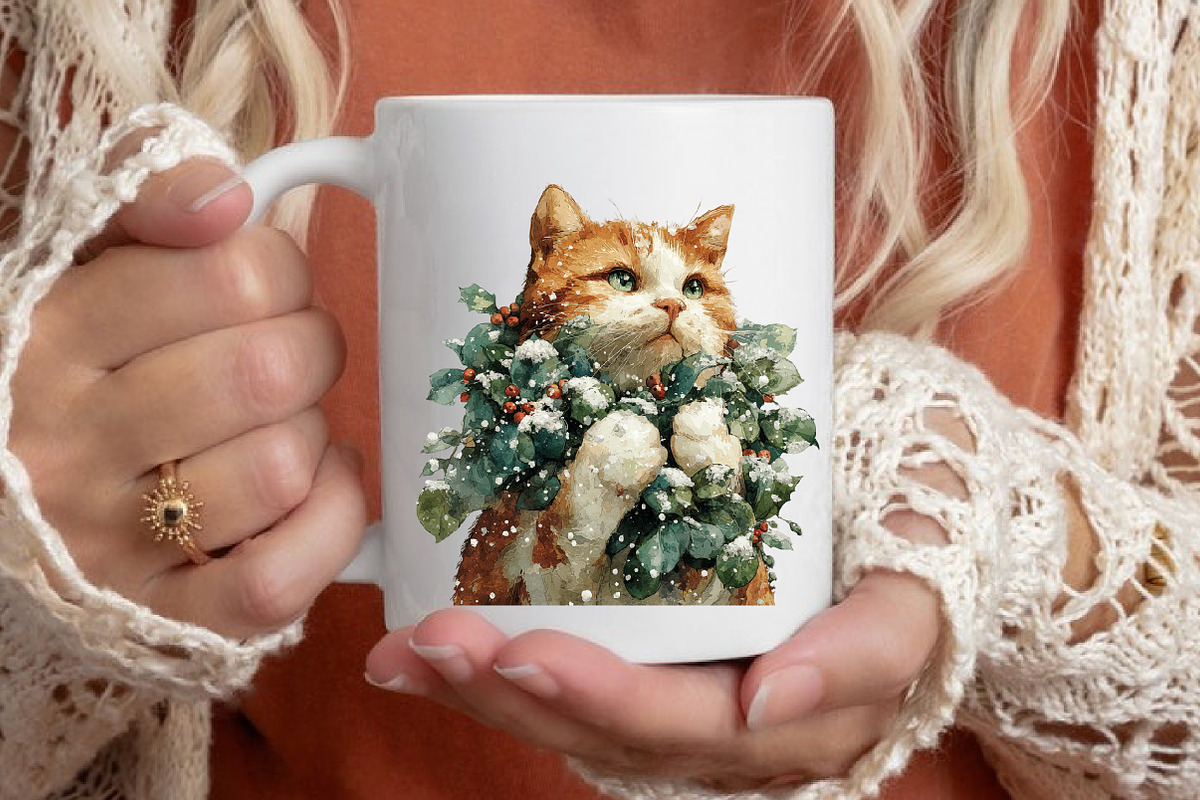 Watercolor Christmas Cat Clipart, a Seasonal Illustration by Black Bird Studio (Photo 6 of 7)