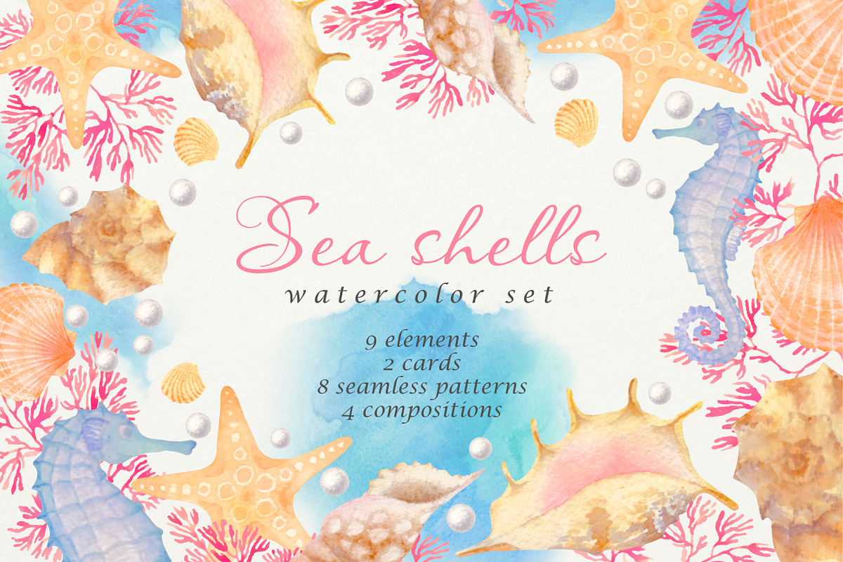 Sea Shells: watercolor set, a Background Graphic by Fortuna Venit (Photo 1 of 6)