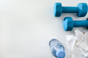 Blue Dumbbells with Towel and Water Bottle, a Sports & Recreation Photo by Davizro's Market