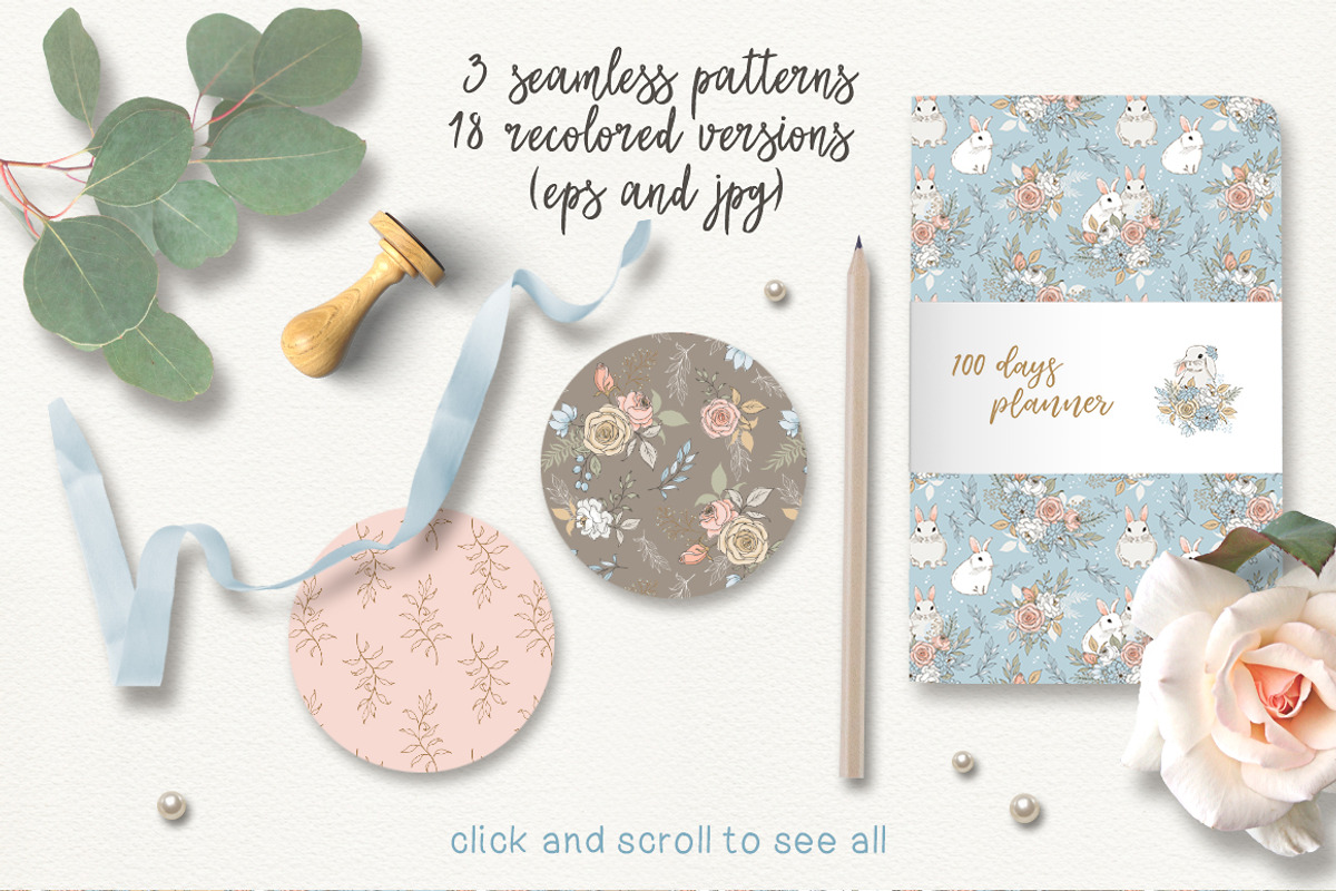 Rabbits and flowers (eps and png), a Decorative Illustration by long summer (Photo 5 of 5)