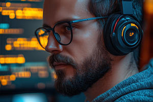 NLP Developer. A focused young man with a beard and glasses wearing headphones,, a Person Photo by Textures & Backgrounds