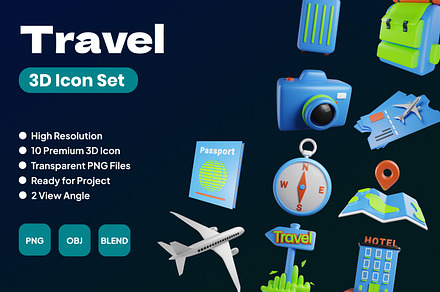Travel 3D Icon Set, an Object 3D Model by Permadi Creative