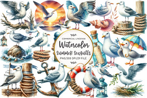Watercolor Summer Seagulls Clipart, an Illustration by OK Design