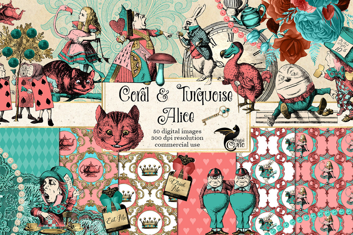 Coral & Turquoise Alice Graphics, an Illustration by Digital Curio (Photo 1 of 4)