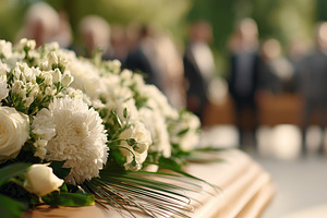 White flowers on a coffin during, a Nature Photo by MistyDay
