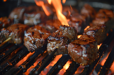 Juicy beef chunks sizzling on a gril, a Photo by Iftikhar Alam