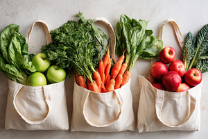 Fresh fruits and vegetables in reusable bags, a Food & Drink Photo by AlyaAnd
