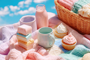 Pastel-themed picnic for gender reveal with sweets and drinks in a serene setti, a Photo by AlyaAnd