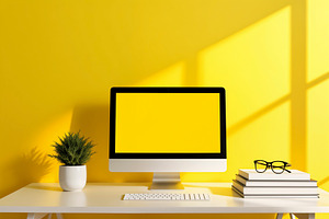 Creative workspace with a computer, a Photo by rarrarorro