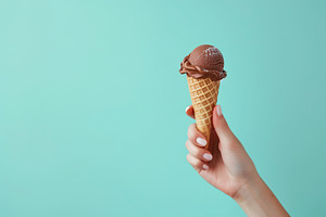 Chocolate ice cream in waffle cone in female hand, a Food & Drink Photo by AlyaAnd