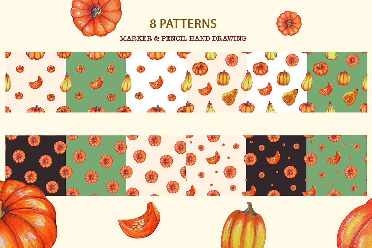 Hand-Drawn Pumpkin Clipart & Pattern, a Seasonal Illustration by KlymchukArtworks (Photo 2 of 8)