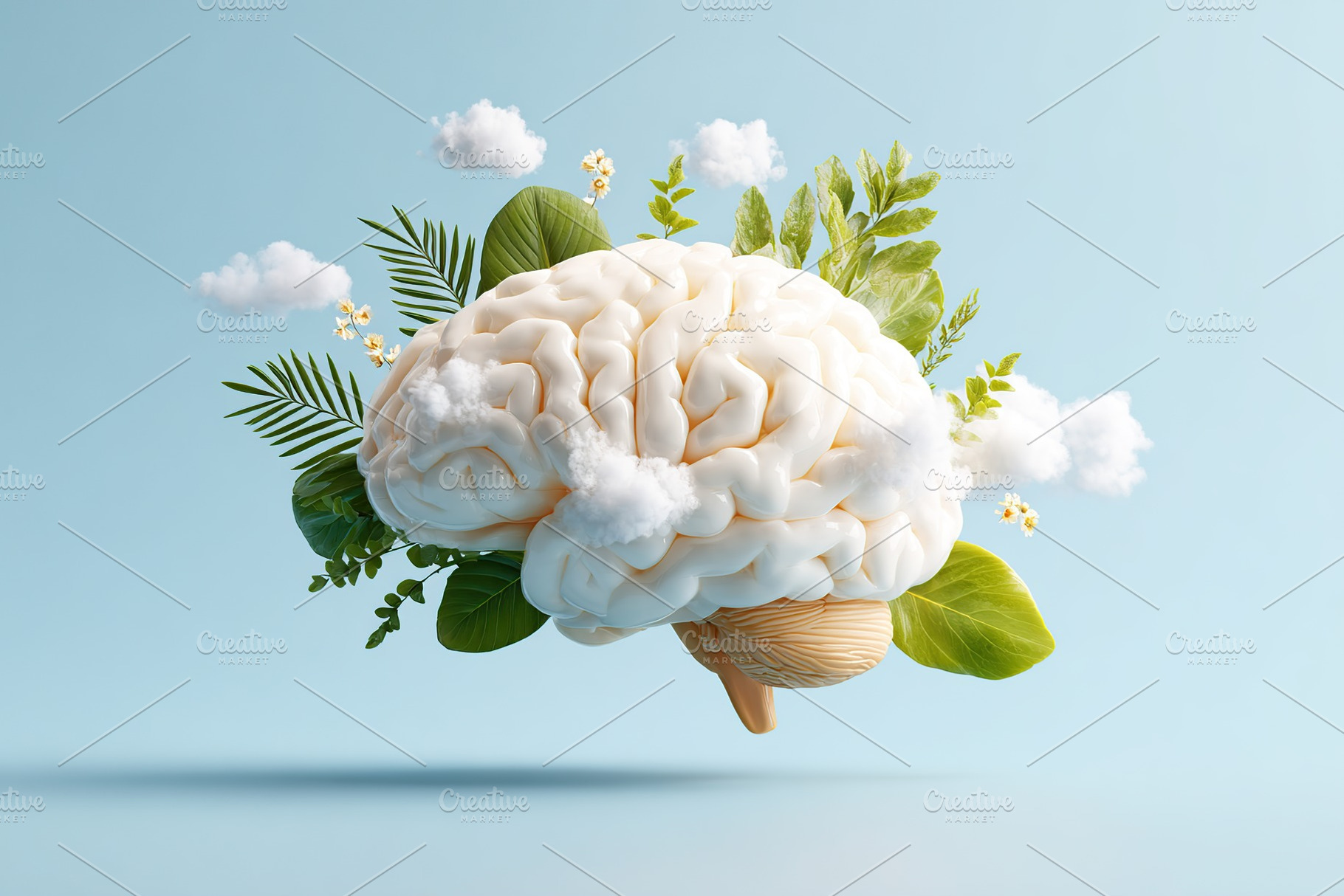 Creative portrayal of a brain surrounded by lush greenery and soft clouds in a, a Photo by AlyaAnd