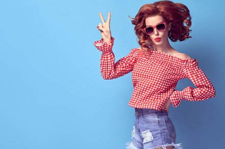 Beauty redhead girl blowing lips featuring fashion, pinup, and portrait, a Beauty & Fashion Photo by iBear