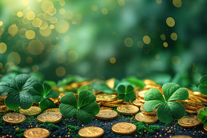 A vibrant scene featuring lush green clovers and shining gold coins, creating a, a Business Photo by ImageMir