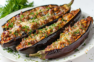Eggplant stuffed with cheese and meat in plate, a Food & Drink Photo by AlyaAnd
