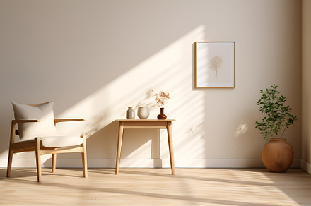 Cozy living room beige interior with wooden chair, coffee table, flowerpot, an Architecture Photo by Lenor4ik