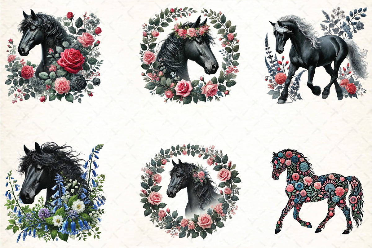 Watercolor Spring Black Horse, an Illustration by DreamCafeArt (Photo 2 of 4)