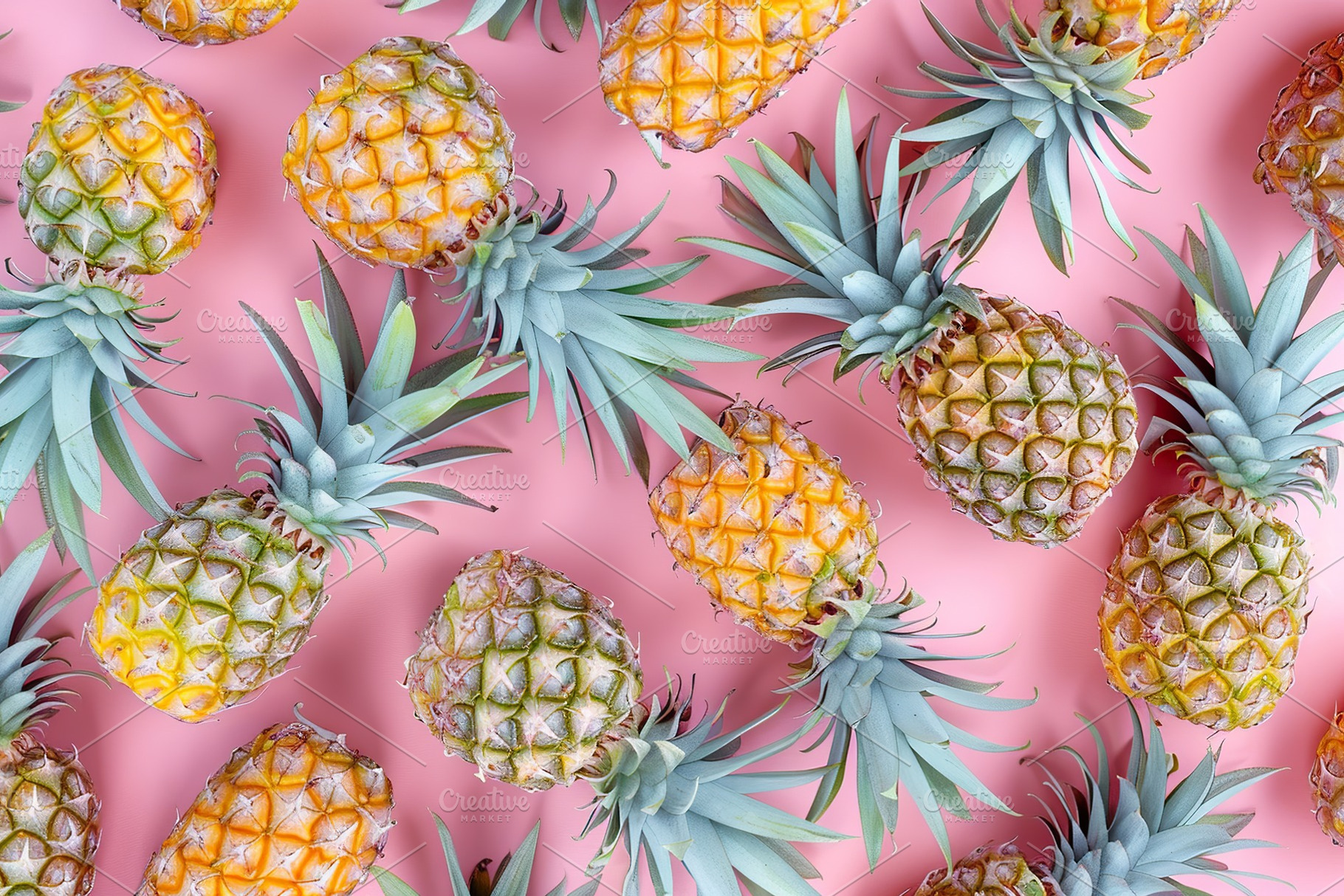 Pattern of ripe pineapples on pink background, a Food & Drink Photo by AlyaAnd