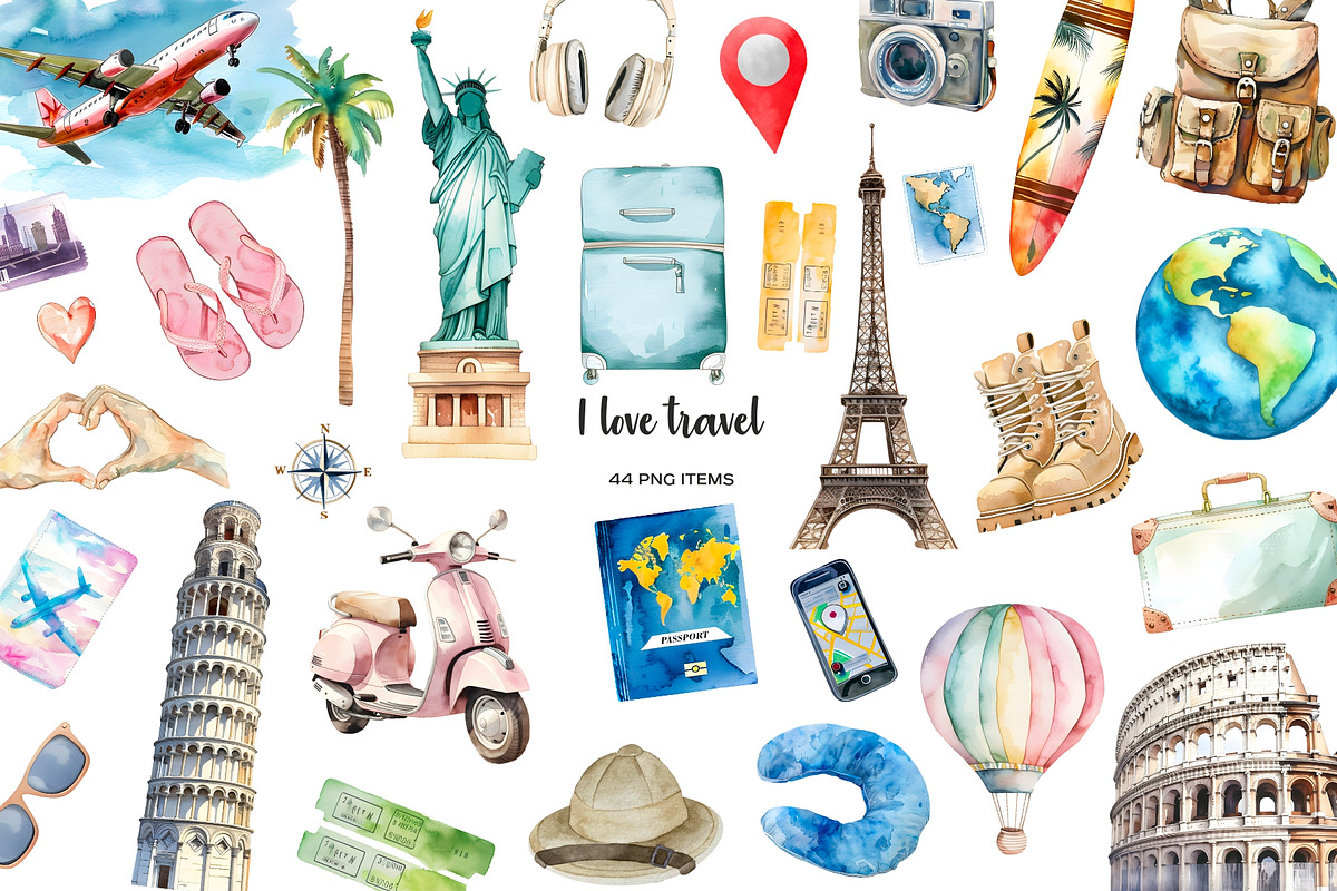 Watercolor travel clipart 44 PNG, an Object Illustration by Art and Funny (Photo 1 of 4)