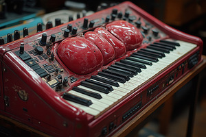 Vintage red keyboard synthesizer wit, a Photo by Tanuart
